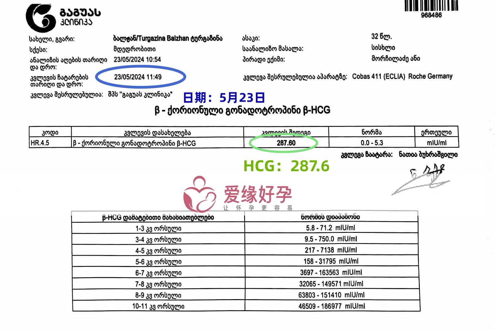 爱缘好孕:格鲁吉亚爱心妈妈验孕着床成功