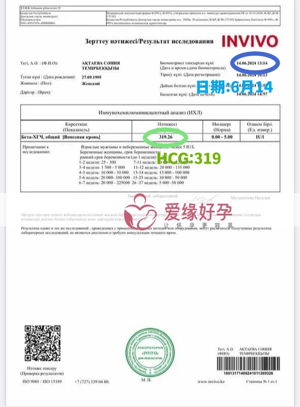 爱缘好孕:哈萨克斯坦爱心妈妈验孕着床成功