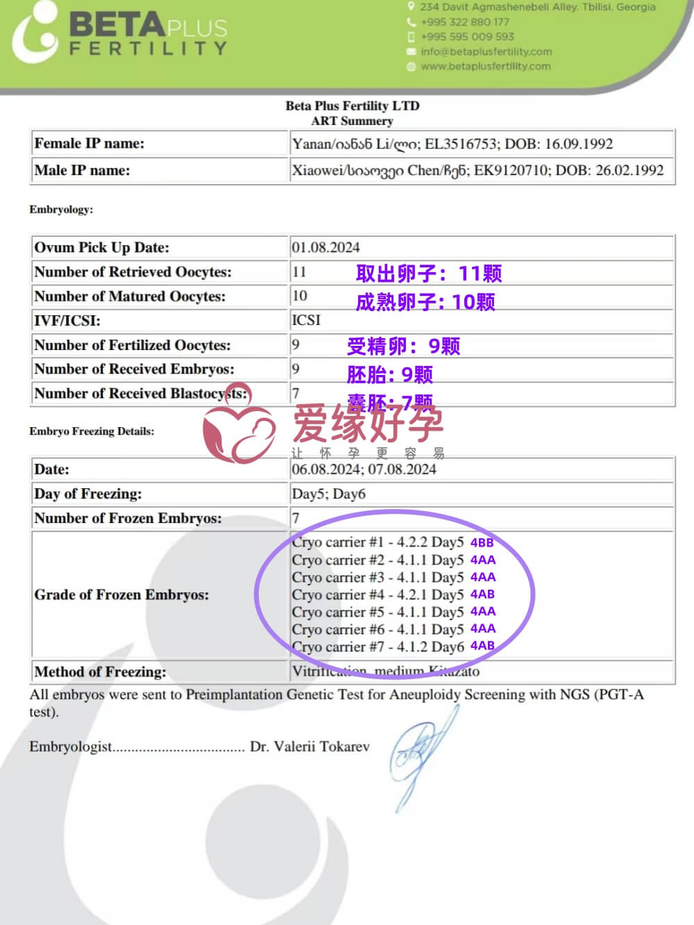 爱缘好孕格鲁吉亚自暖客户10颗暖子养囊得到7个囊胚！