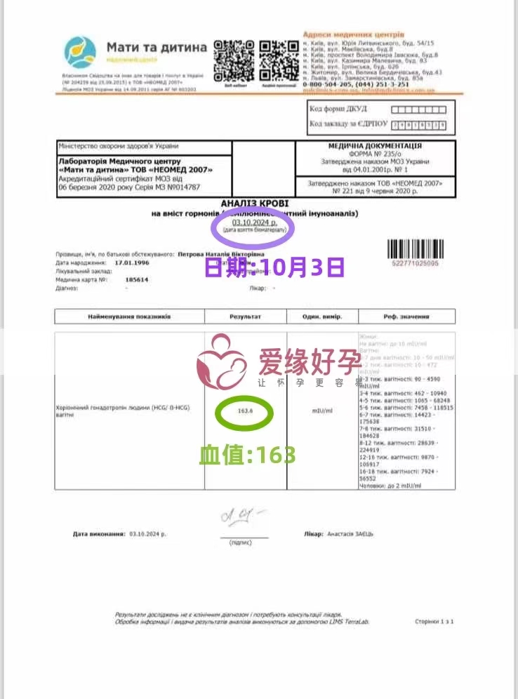 乌克兰爱心使者孕验孕成功，HCG血值163