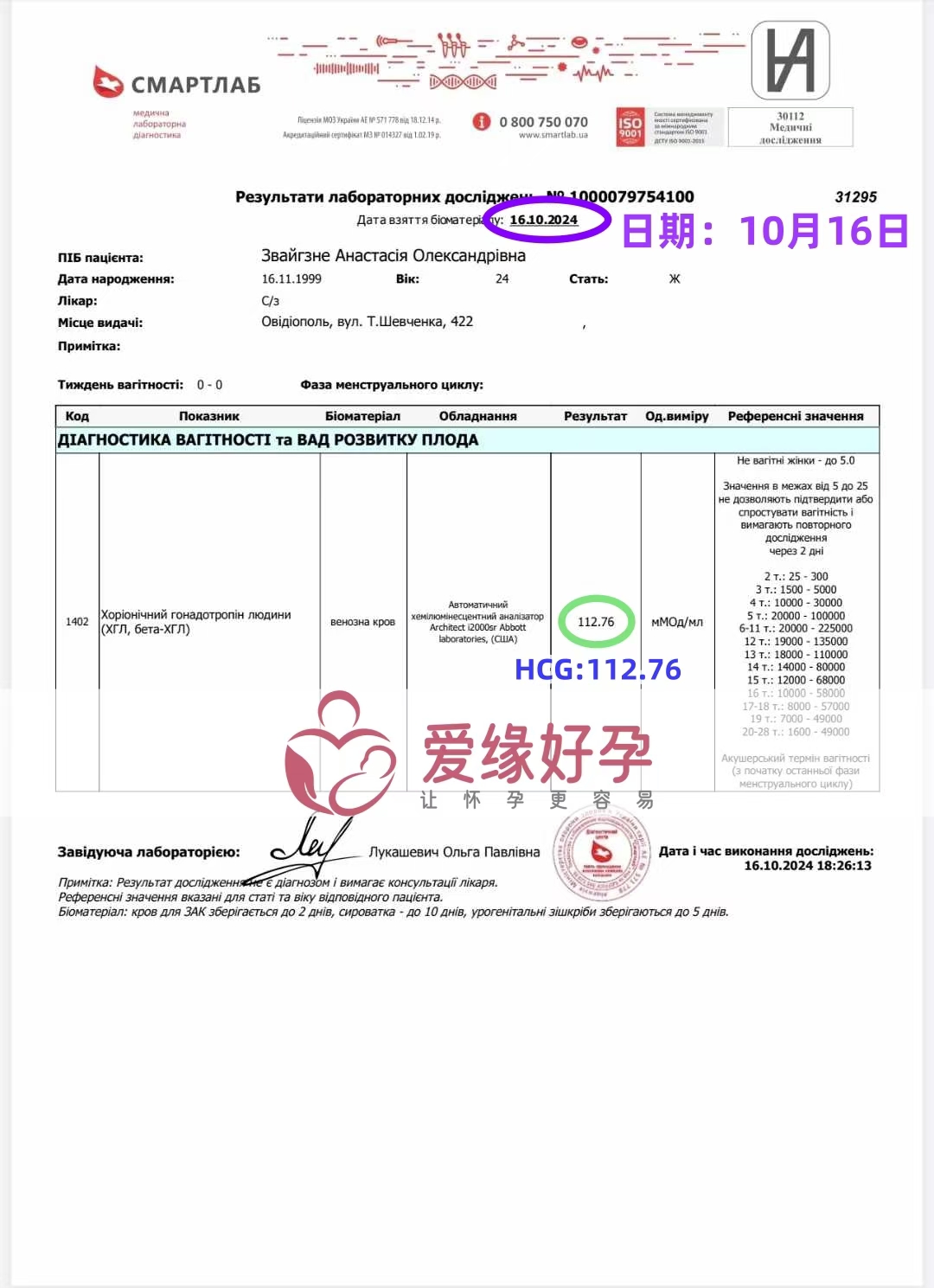 乌克兰爱心使者血值112.7，着床成功。