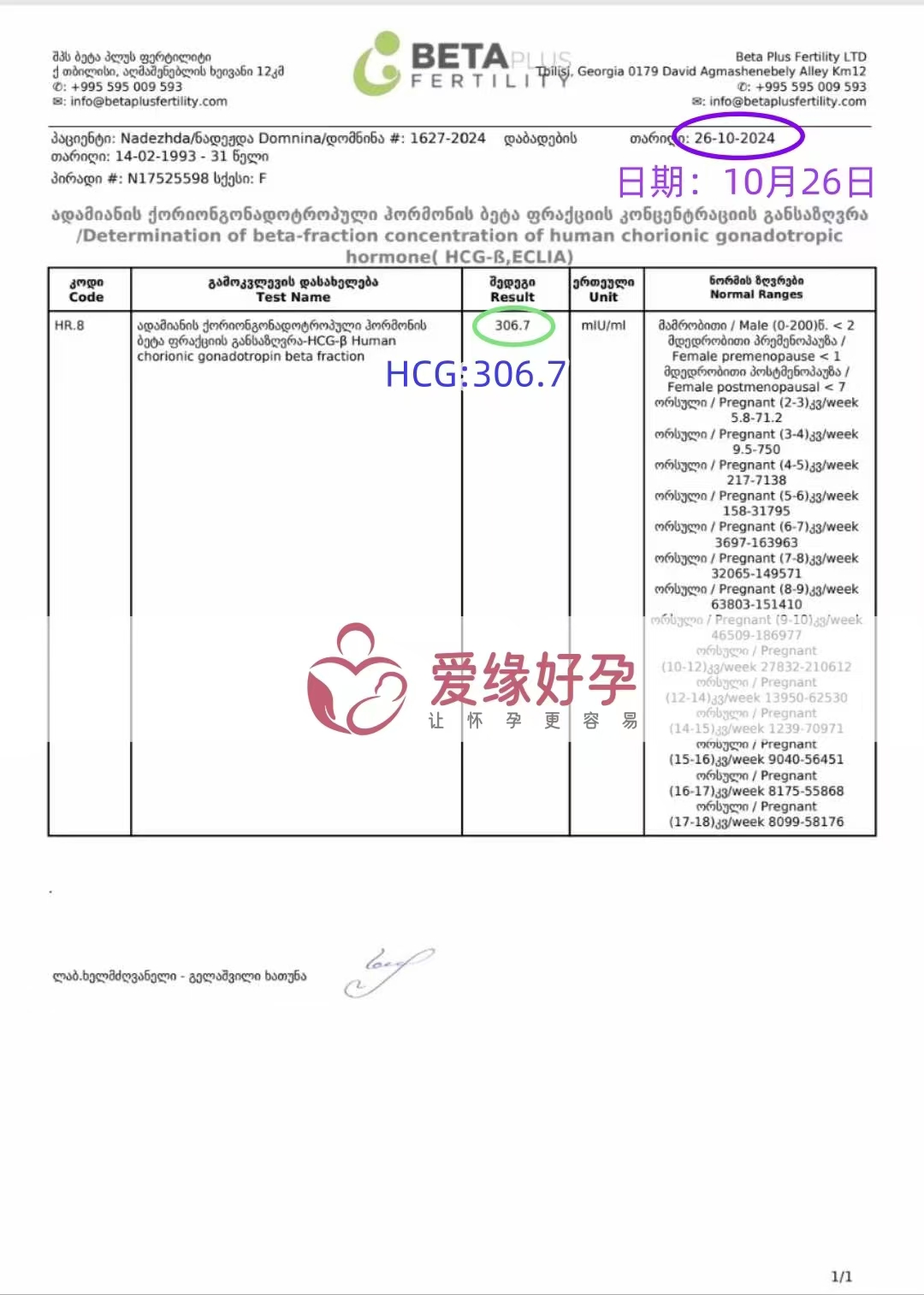 恭喜格鲁吉亚爱心使者验孕成功，血值306