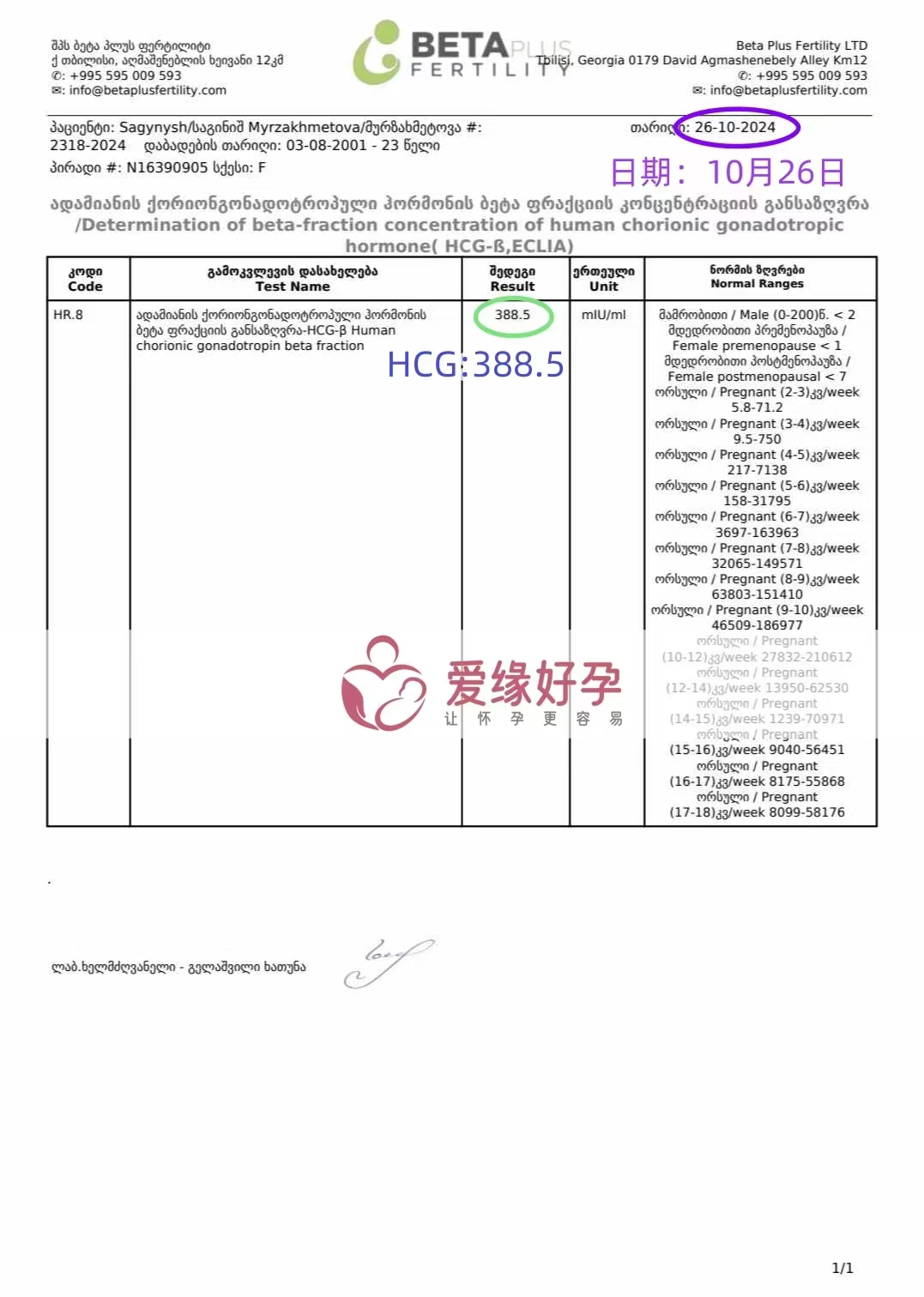 恭喜格鲁吉亚爱心使者验孕成功，血值388